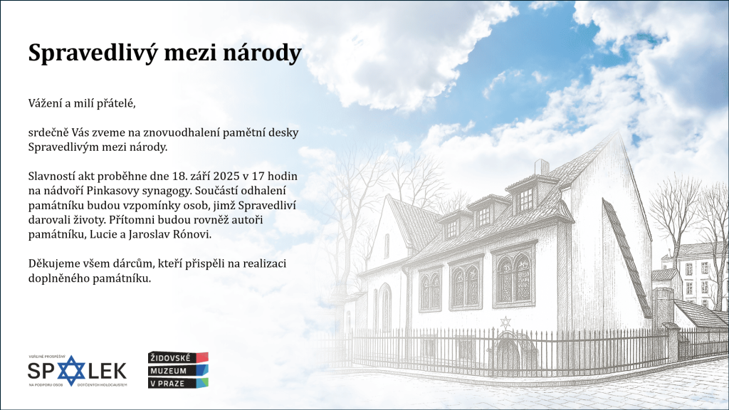 Pozvánka na odhalení pamětní desky Spravedliví mezi národy
